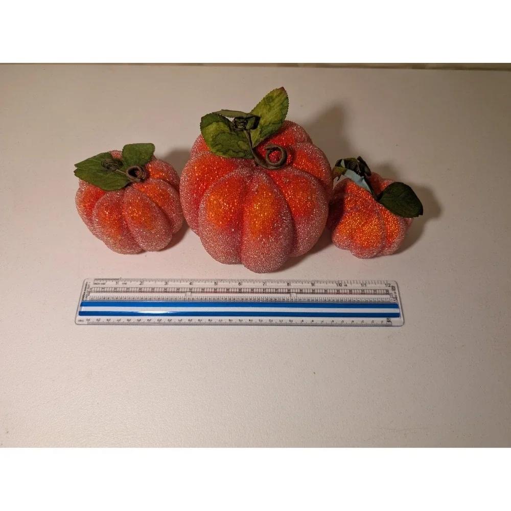 Set of 3 Glitter Foam Pumpkins Fall Thanksgiving Decor w/ Leaves in Original Box